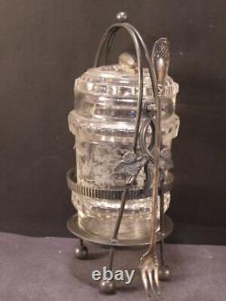1800's Silver Figural Flint Glass Cut Etch Crystal Pickle Castor Jar Frame Stand