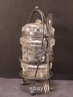 1800's Silver Figural Flint Glass Cut Etch Crystal Pickle Castor Jar Frame Stand