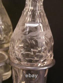 19 c Victorian Silver Condiment Cut Etched Glass Cruet Bottle Stand Castor Set