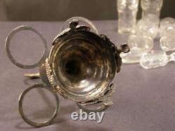 19 c Victorian Silver Condiment Cut Etched Glass Cruet Bottle Stand Castor Set
