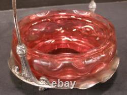 19 c Victorian Silver Cranberry Glass Bride Basket Bon Bon Candy Dish Stand Bowl