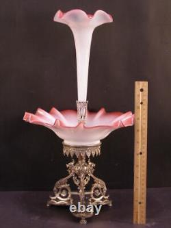 19 c Victorian Silver FIGURAL DRAGON Cranberry Glass Epergne Bride Basket Vase