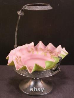 19 c Victorian Silver Flower Bouquet Holder Opaline Glass Bride Basket Bowl Vase