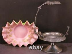 19 c Victorian Silver Flower Bouquet Holder Opaline Glass Bride Basket Bowl Vase