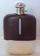 1910's Silver Plate Plated Leather Bound Glass Hip Flask 1/5 pint