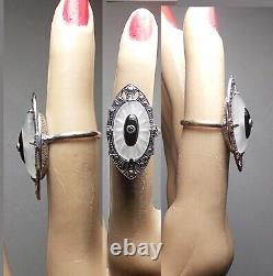 1920s Uncas Camphor Glass Ring with Marquise Silver Plate Art Deco with Black Insert