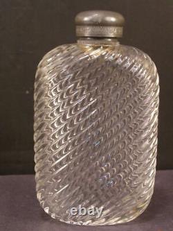 19c Diagonal Baccarat French Glass Pocket Hip Flask Silver Liquor Whiskey Bottle
