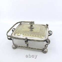 19c Neoclassical Aesthetic Movement Silverplate & Glass Sardine Box Greek Key