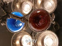 19c Silver Castor Set CUT Glass Cruet Bottle Salt Cellar Cranberry Condiment Dip