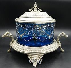 19th Century German WMF Biscuit Barrel Silver Plate & Blue Enameled Crystal