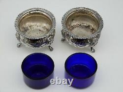 2 Vintage BARKER ELLIS Silver Plate / Blue Cobalt Glass Faces Salt Cellars
