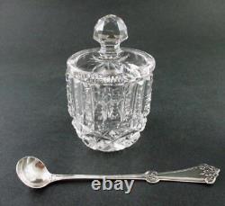 3 antique BRILLIANT Period Cut Glass MUSTARD POTS + JEWELL sp Spoon c. 1882