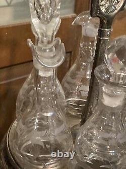 7 Piece Vintage Silver Condiment Set w 6 Etched Glass Bottles & Carousel