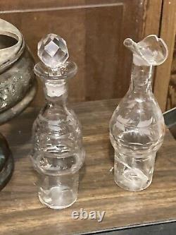 7 Piece Vintage Silver Condiment Set w 6 Etched Glass Bottles & Carousel