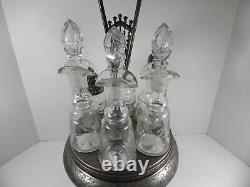 7 Piece Vintage Silverplate Condiment Set w 6 Etched Glass Bottles & Carousel
