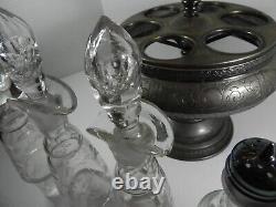 7 Piece Vintage Silverplate Condiment Set w 6 Etched Glass Bottles & Carousel