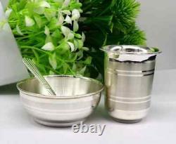 999 fine silver water milk glass and bowl and silver spoon, silver baby set