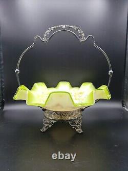 ATQ Bride Basket Cased Green Ombre Glass Bowl Hand Enameled w Quad Plate Holder