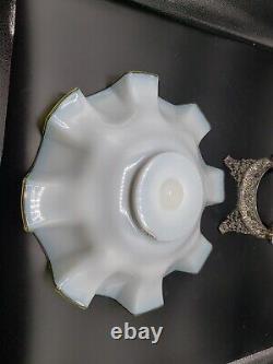 ATQ Bride Basket Cased Green Ombre Glass Bowl Hand Enameled w Quad Plate Holder