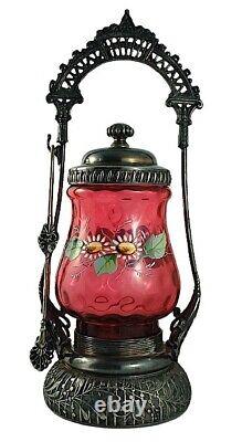 Acme Silver Company Floral Motif Enameled Cranberry Glass Pickle Castor with Tongs