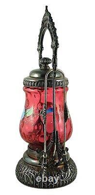 Acme Silver Company Floral Motif Enameled Cranberry Glass Pickle Castor with Tongs