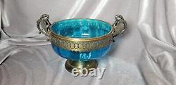Antique 1880's Silver Plated Griffon Handled Blue Filigree Caged Glass Bowl