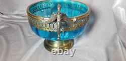 Antique 1880's Silver Plated Griffon Handled Blue Filigree Caged Glass Bowl