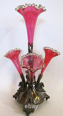 Antique 19th Century Silver Plated Horseheads Cranberry Glass Aspergne