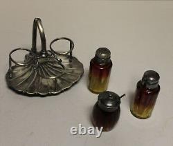 Antique Amberina Art Glass Condiment Set in Signed Wilcox Silverplated Holder
