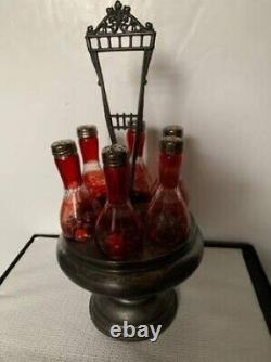 Antique Bohemian 6 Ruby Red Cut Glass Cruet Bottle Castor Set withSilver Caddy