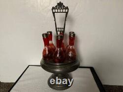Antique Bohemian 6 Ruby Red Cut Glass Cruet Bottle Castor Set withSilver Caddy