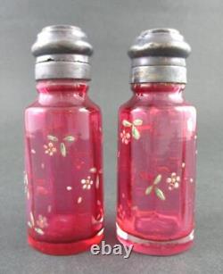 Antique CRANBERRY Enameled RIBBED PILLAR Shakers S. H. M. & Co. Silver TWIG stand