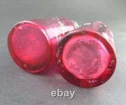 Antique CRANBERRY Enameled RIBBED PILLAR Shakers S. H. M. & Co. Silver TWIG stand