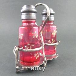Antique CRANBERRY Enameled Ribbed Pillar S&P Shakers SHM&Co. Silver TWIG stand