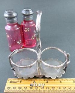 Antique CRANBERRY Enameled Ribbed Pillar S&P Shakers SHM&Co. Silver TWIG stand