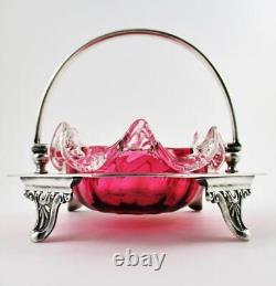 Antique CRANBERRY art glass SWEETMEAT dish withRIGAREE GINKGO Sheffield EPNS