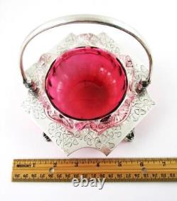 Antique CRANBERRY art glass SWEETMEAT dish withRIGAREE GINKGO Sheffield EPNS