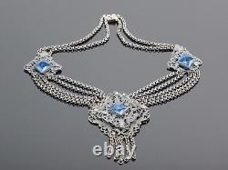 Antique Edwardian c1910 Filigree Festoon Necklace Silver Plate Blue Glass, 63.3g