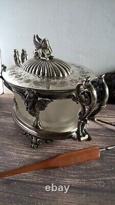 Antique Egyptian Revival Griffins ARMAND FRENAIS Silver Plated & Glass Jam Maker