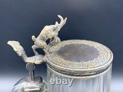 Antique German Cut Glass Bear Stein Tankard Silver Plate Ram Figurine Top Lid