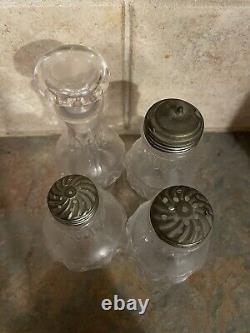 Antique Glass Crystal Cruet Set Sterling Silver 4 Glass Bottles Carousel