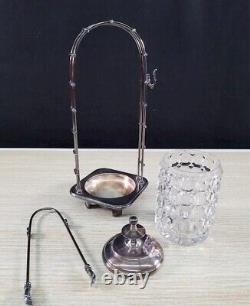 Antique Glass & Silverplate Sugar Cube Pickle Castor Jar with Claw Tongs 1898-1938