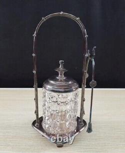 Antique Glass & Silverplate Sugar Cube Pickle Castor Jar with Claw Tongs 1898-1938