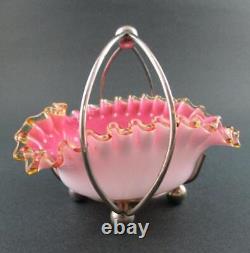 Antique HEART shape SWEETMEAT Dish PINK Art Glass withYellow trim, EPNS Frame