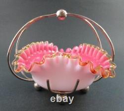 Antique HEART shape SWEETMEAT Dish PINK Art Glass withYellow trim, EPNS Frame