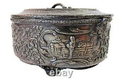 Antique Lidded Candy Dish Dutch Repousse Derby Silver Plated 20's Glass Insert