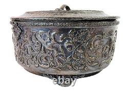 Antique Lidded Candy Dish Dutch Repousse Derby Silver Plated 20's Glass Insert