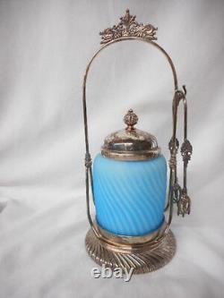 Antique Light Blue Satin Case Glass Swirl Pattern Victorian Pickle Castor