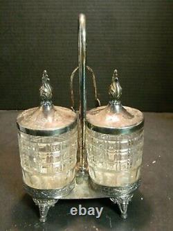 Antique Meriden Co. Silverplate & Glass Double Pickle Castor with Tongs Excellent