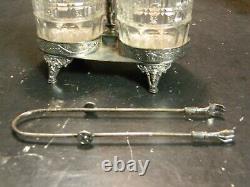 Antique Meriden Co. Silverplate & Glass Double Pickle Castor with Tongs Excellent